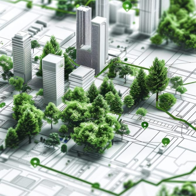 Futuristic urban planning design with eco-friendly skyscrapers and green spaces