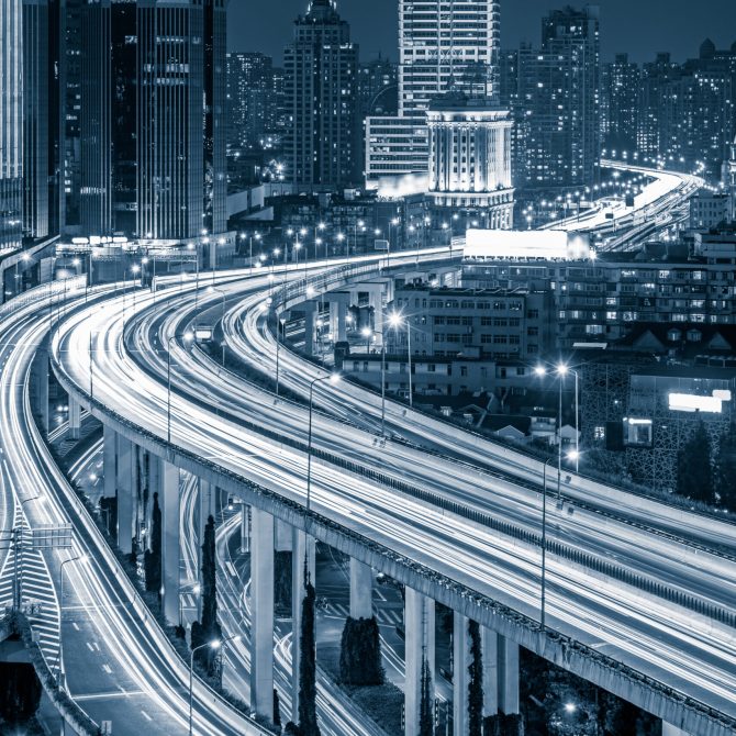 Aerial View of Shanghai overpass at Night in China.